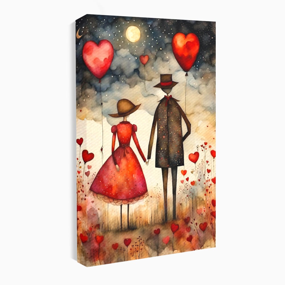 Tablou canvas cu ilustratie cu cuplu si baloane rosii in forma de inima, fara rama, pe sasiu de lemn